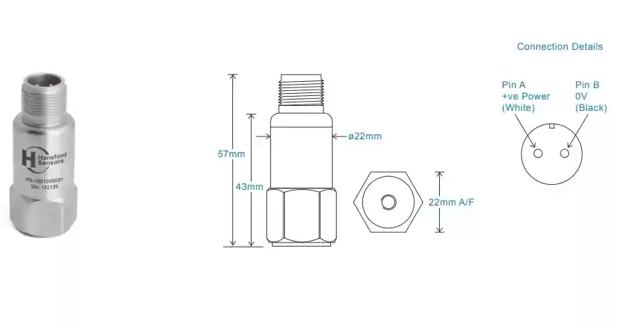 Acelerómetro (transductor o sensor de vibración) Premium, 100mV/g, conexión superior 2 Pin MS CST-HS-150-100-50-02