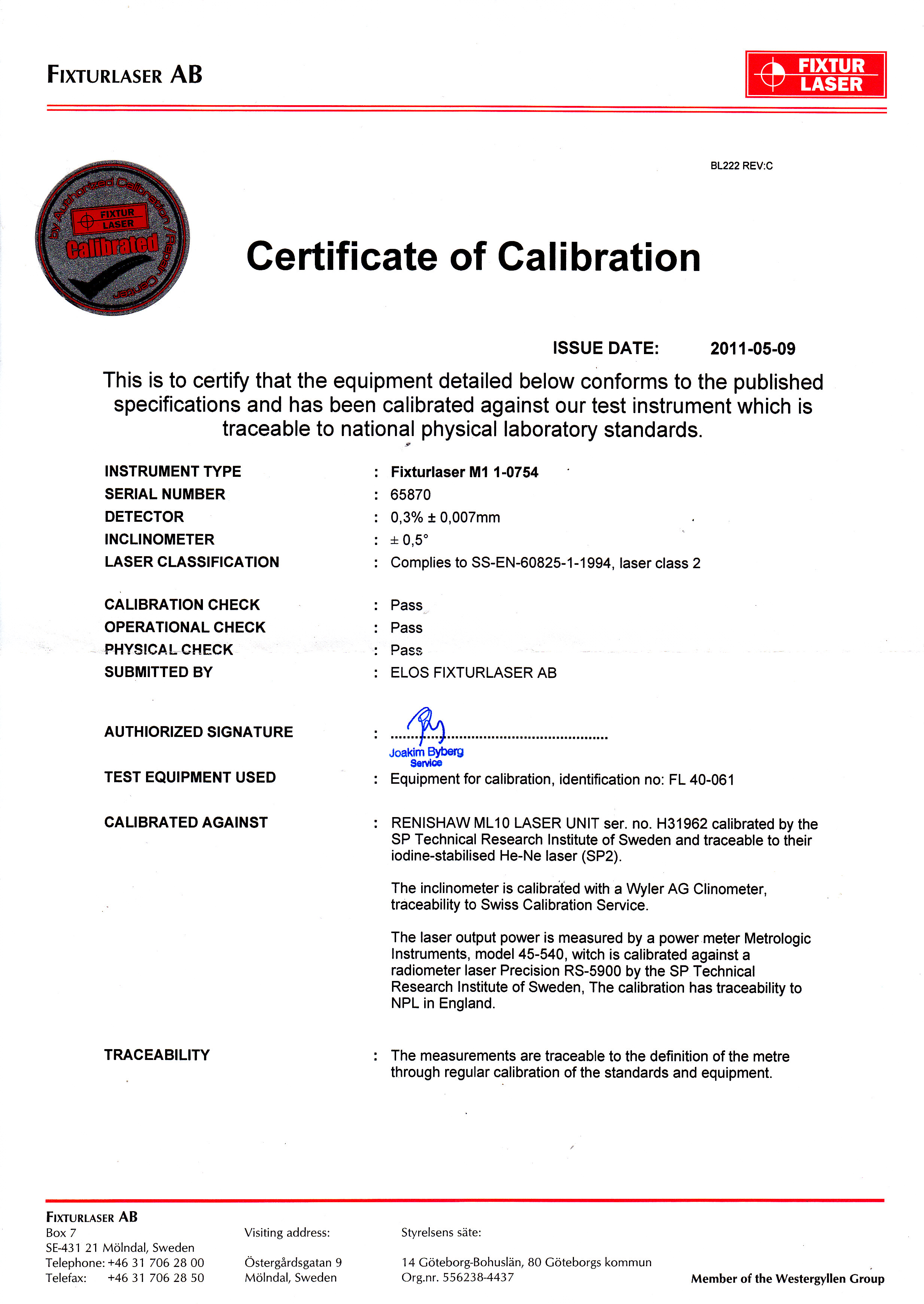 Calibración FixturLaser Upad CST-ST-CAL-FIX-UPAD